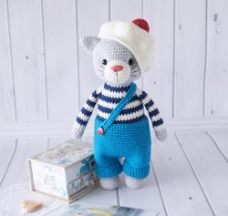 Grey Cat Doll with clothes, Pet Stuffed Animal Toy, Crochet animal toys for Toddlers, Gift for baby boy, Cat soft toy