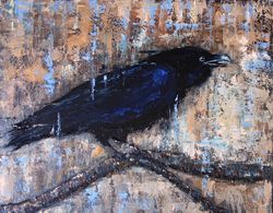 Crow Painting Oil Black Bird Original Art Animal Artwork Raven Canvas Art