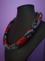 Red Snake Beaded Crochet Necklace , Ouroboros jewelry