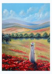 Poppy Field Painting Tuscany Original Art Italy Painting Woman Figure Art Tuscany Italy Landscape Oil On Canvas 14 by 10
