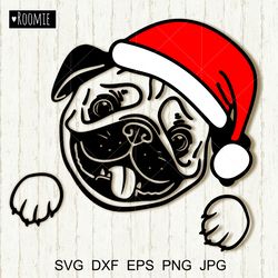 Pug in Santa hat svg, Christmas Pug svg, Dog face New year Pet Cut file Cutting Cricut Cameo Vinyl Laser Sublimation #63