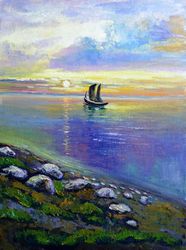 Sailboat Painting Oil Seascape Original Art  Beach Artwork Canvas Art