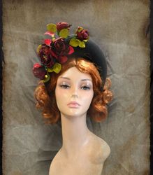 flower halo, halo headband ,halo hat fascinator, derby hat, red black halo