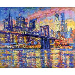 New York Painting Original Art Canvas Artwork Brooklyn Bridge at Sunset