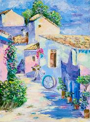 Greece Painting Cityscape Original Oil Painting Bicycle Art Impasto Painting