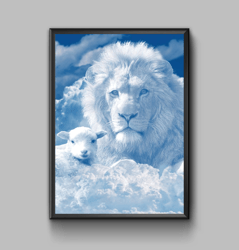 Lion and lamb in the clouds, religious poster, digital download
