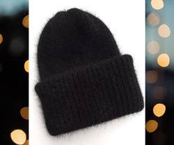 Black angora hat with double cuff.