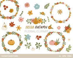 Hello Autumn digital clipart, autumn fall clipart, floral wreath, pumpkin, flower