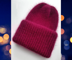 Angora hat with a double cuff, raspberry color.