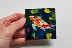 Koi Fish Painting Original Art Animal Small Impasto Oil Painting 4 x 4 in by Verafe