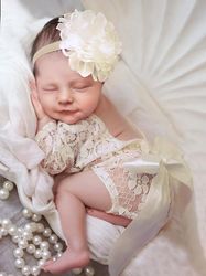Newborn Girl Outfit Photo Prop Baby Infant 2 Pcs Set Lace Bodysuit Flower Headband Photography Set