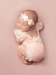 Newborn Girl Mesh Ruffle Trim Bodysuit Headband Photography Prop Photography Set Baby Clothing