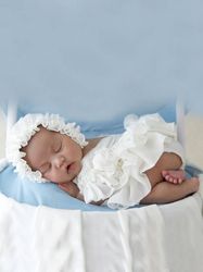Newborn Girl Photography Ruffle Trim Bodysuit Ruffle Hem Dress Hat Shoes Headband Pillow Photography Set
