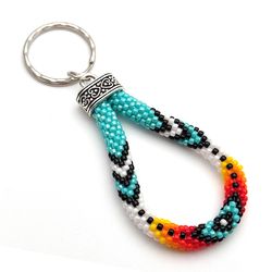 Native Style Beaded Keychain, Colorful Beaded Key Fob, Ethnic Style Keychain