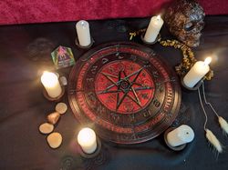 Witch altar Pentagram , Wooden Magic plaque, Wheel of the Year, Pagan altar.