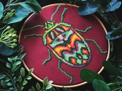 Green Neon Bug Cross Stitch Pattern PDF Abstract Insect Embroidery Design Colorful Geometric Beetle DIY Instant Download