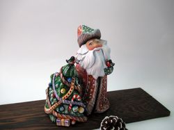 Wooden painted Russian Santa with a Christmas tree, 6.7 inches tall. hand carved wooden Santa