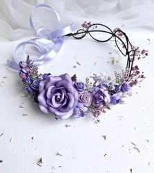 Lavender crown, Purple flower crown, Rustic flower crown, Bridesmaid crown, Purple headband, Lilac flower crown