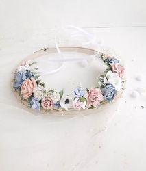 Flower crown for special day, Dusty blue & blush pink flower crown, Flower crowns for baby girl and mommy