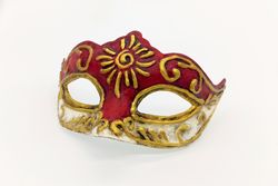 Red masquerade mask women to cosplay costume of Marie antoinette style design. Gold venetian mask to masquerade costume.