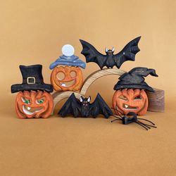 Halloween set: pumpkins (3pcs) , bats (2pcs) and spider - Wooden toys - Halloween toys
