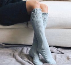 Knee High Pointelle Ribbed Socks in Grey
