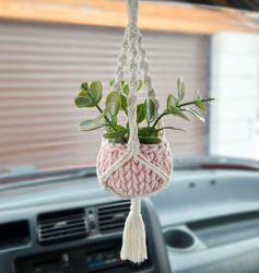 Mini Macrame Plant Hanger for Car Mirror Hanging Accessories with Faux Plant Rearview Car Mirror Charm Small Plant Hange