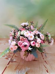 Pink flowers arrangement, Silk Floral Centerpiece, Pink flowers table décor for round table, Small floral arrangement