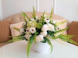 Silk flower centerpiece, White and Green faux Floral Centerpiece, Artificial Flower Table décor, White flowers decor