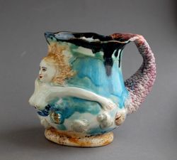 Ceramics art mug Mermaid figurine Blue Porcelain mug Vase with handle Big mug Nude woman, Sculpture mug Surprise cup