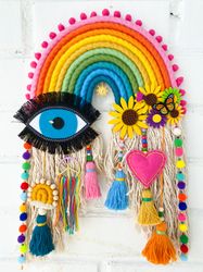 Macrame rainbow wall hanging with evil eye, peace sign, mini rainbow, heart charm, Colorful boho home decor, Unique gift