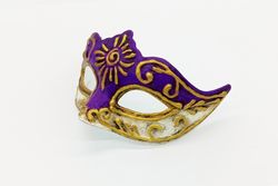 Mardi gras masquerade women mask of Marie antoinette style design. Gold purple venetian mask to masquerade costume.