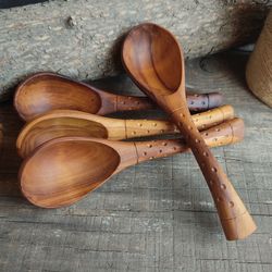 Handmade wooden scoop from natural birch wood with decorated handle for ground coffee or coffee beans