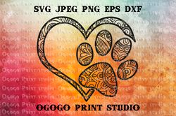 Dog paw SVG, Zentangle SVG, Heart SVG, Pet love svg, Mandala, Handmade