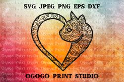 Mandala style Cat SVG, Zentangle SVG, Heart SVG, Pet lover, Handmade