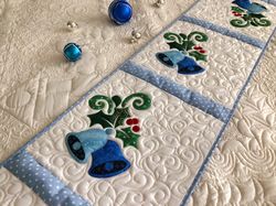 Christmas quilted blue bells table runner, White table topper, Bed topper quilted, Xmas bells tablecloth, Winter items
