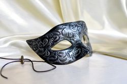 Black men masquerade mask to halloween costume. Venetian mask Colombina. Cosplay masks to masquerade costume.