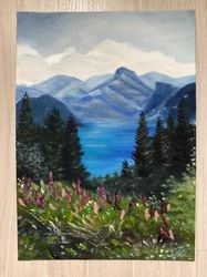 original oil painting landscape forest mountain lake 10 x 14'' inch