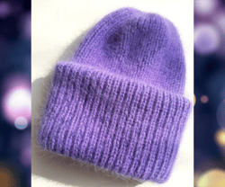 Angora hat with double cuff, lavender purple color.