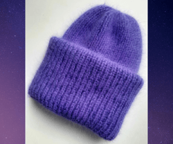 Angora hat with double cuff, color royal purple.