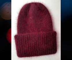 Angora hat with double cuff, dark red color.
