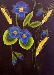 Floral Art Pansies & Wheat Spikelets Hand Made Tempera Painting 20,73x29,34 cm by NadyaLerm