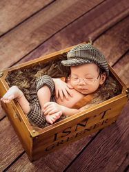 2 Pcs Newborn Boy Girl Glen Plaid Houndstooth Suspender Pants Hat Cap Photography Prop Outfit Photo Prop Clothes Set