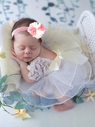 Newborn Girl Photography Prop Lace Mesh Short Sleeve Ruffle Hem Flared Dress Headband Photography Set 2Pcs