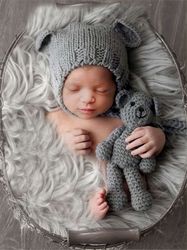 Newborn Baby 2Pcs Knit Hat Bear Toy Girl Boy Crochet Costume Photography Props