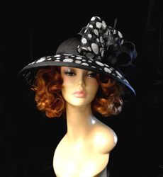 White black polka-dot derby hat, Wide brim sinamay hat, Royal Ascot hat
