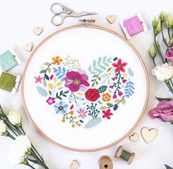 "Blossoming Love" Floral Heart Cross Stitch Pattern