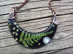 Moon crescent necklace Cottagecore fern necklace Terrarium necklace fern