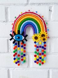 Macrame rainbow wall hanging, Colorful boho home decor, Evil eye decor, Hippie sunflower, Mushroom charm, Funny gift