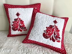 Quilted Christmas pillowcases, Christmas tree quilted, Xmas decorative pillow, Red pillow cover, Winter quilted items